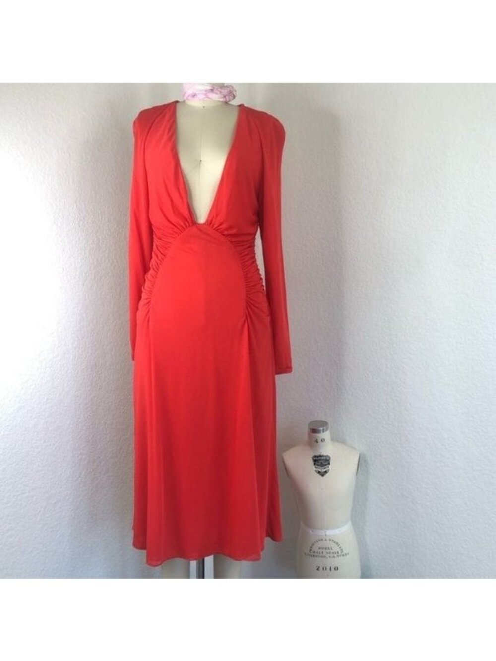 Halston Heritage Plunge V Neck Ruched Midi Dress